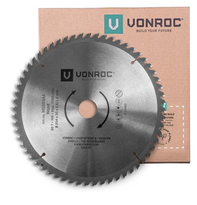 Hoja de sierra universal VONROC 254mm - 60 dientes - para madera - adecuada para ingletadoras y sierras de mesa.