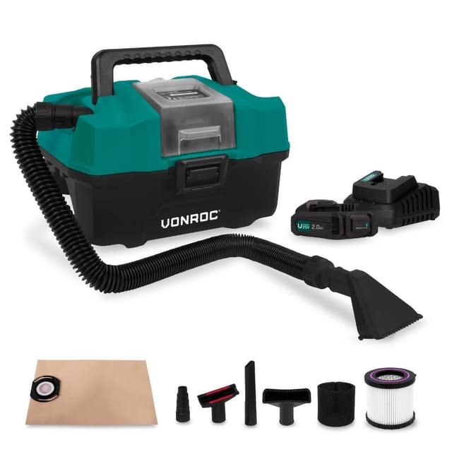 VONROC Bärbar dammsugare 20V – 2.0Ah | Inkl. Tillbehör, 2x batterier och snabbladdare