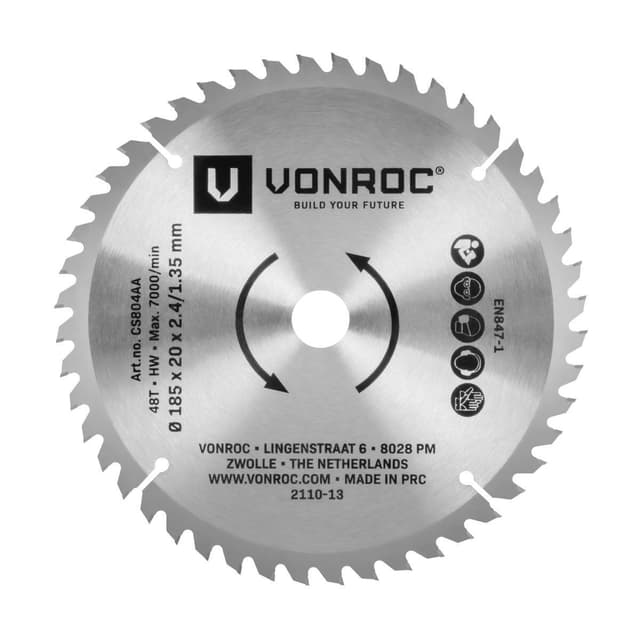 VONROC Cirkelsågblad 185 x 20mm – 48T | För trä – Universal