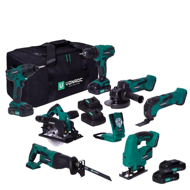 VONROC VPower 20V Verktygsset – 7 maskiner + LED-lampa – Inkl. 4x 2.0Ah batterier och 2x snabbladdare – Med väska