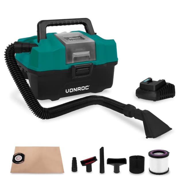 VONROC Bärbar dammsugare 20V – 4.0Ah | Inkl. Tillbehör, batteri och snabbladdare