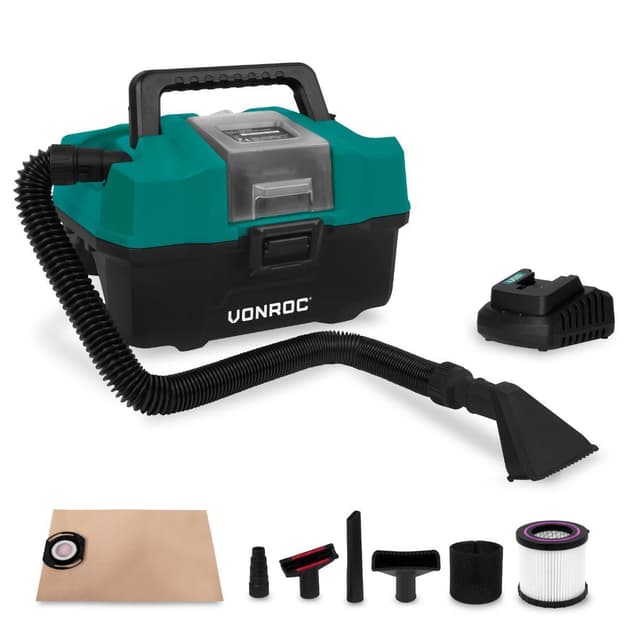 VONROC Bärbar dammsugare 20V – 2.0Ah | Inkl. Tillbehör,  batteri och snabbladdare