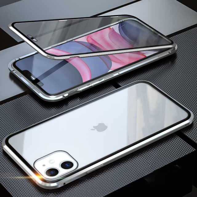 Magnetisk etui til iPhone, dobbeltsidet hærdet glascover Sølv iPhone 16 Pro Max