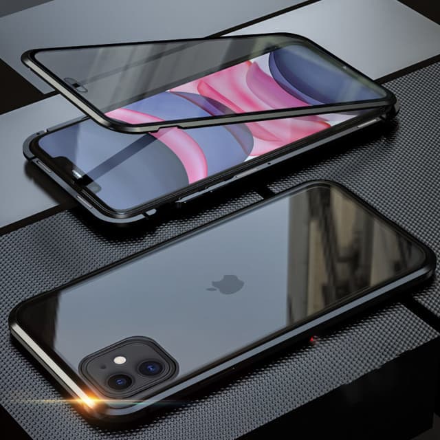 Magnetfodral för iPhone, dubbelsidigt skal av härdat glas Svart iPhone
