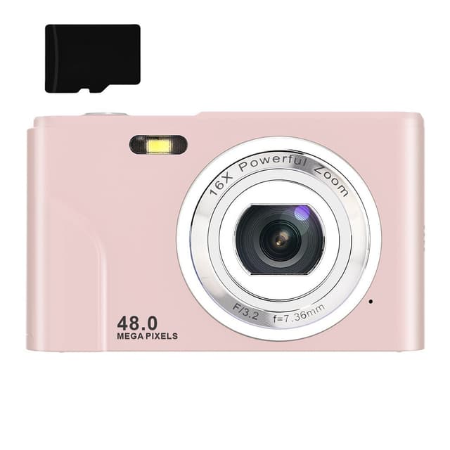 Digitalkamera med 48 MP, HD 1080p, 16x zoom, minnekort Rosa