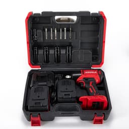 Verktøysett med batteridrill, bits, batterier og lader