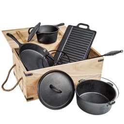 tectake Dutch oven grytset gjutjärn i trälåda 9 delar - svart