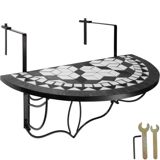 tectake Hängande balkongbord med vikbart mosaikmönster 75x65x62cm - svart/vit