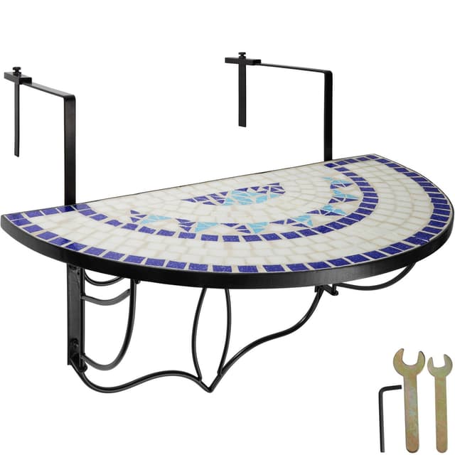 tectake Hängande balkongbord med vikbart mosaikmönster 75x65x62cm - vit/blå