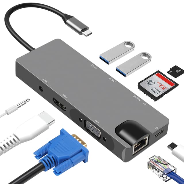 USB-C Hub med USB 3.0, HDMI, RJ45, SD/TF-kortleser, 100W PD, VGA
