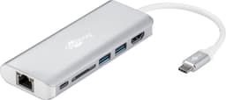 USB-C-moniporttisovitin HDMI 4k 30 Hz, USB, CR, RJ45, PD, alumiini, hopea