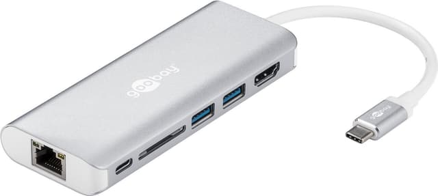 USB-C™-Multiport-adapter HDMI 4k30Hz, USB, CR, RJ45, PD, aluminium, sølv