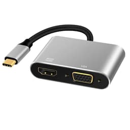 NÖRDIC USB C til HDMI 4K i 30Hz og VGA 1080P speil og utvidet modus 10cm kabel aluminiumsrom grå