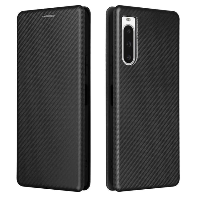 SKALO Sony Xperia 10 V Carbon Fiber Lompakkokotelo - Musta