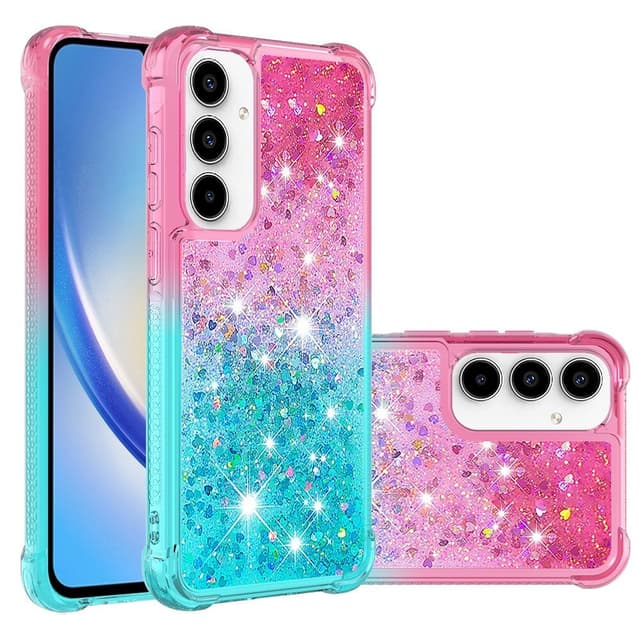 SKALO Samsung A35 5G Kvicksand Glitter Hjärtan TPU-skal - Rosa-Turkos