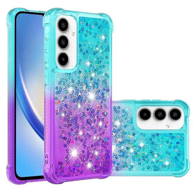 SKALO Samsung A35 5G Kvicksand Glitter Hjärtan TPU-skal - Turkos-Lila