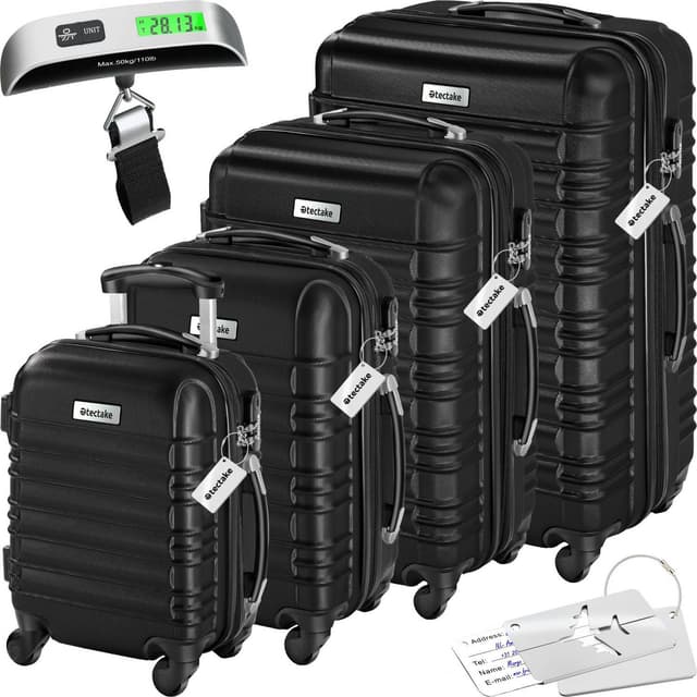 tectake Resväskeset Mila - 4 resväskor, bagage med bagagevåg och namntaggar - svart