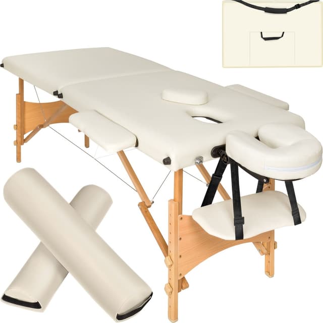 tectake Freddi 2-zons massagebänk med 5 cm stoppning, hjul och träram - beige