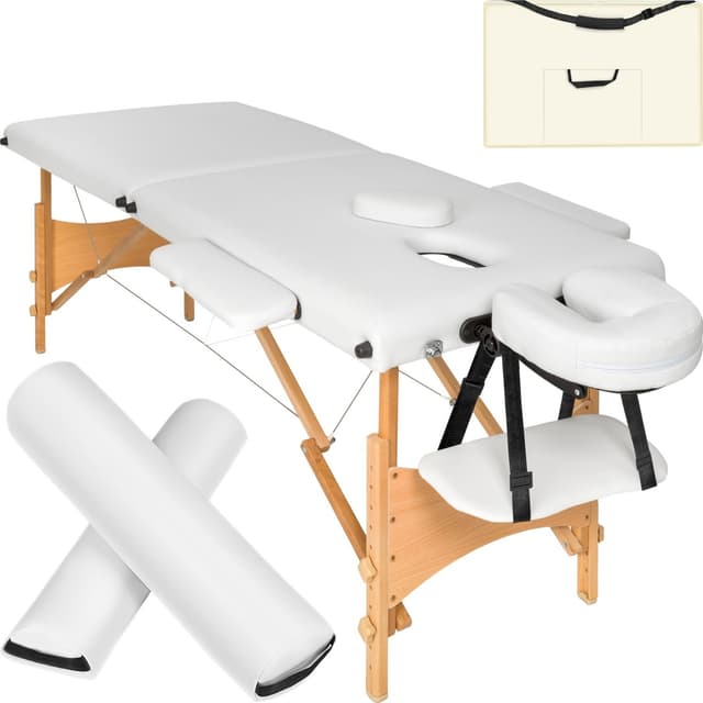 tectake Freddi 2-zons massagebänk med 5 cm stoppning, hjul och träram - vit