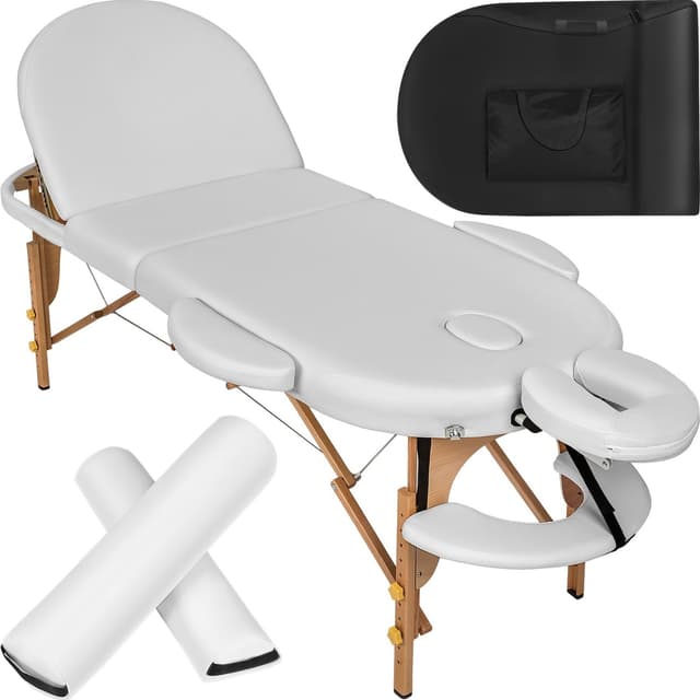 tectake 3-zons oval massagebänk med 5 cm stoppning, kuddar och träram - vit