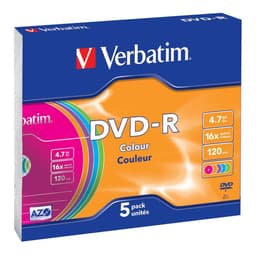 verbatim DVD-R, 16x, 4.7 GB/120 min, 5-pack slim case, AZO, colored