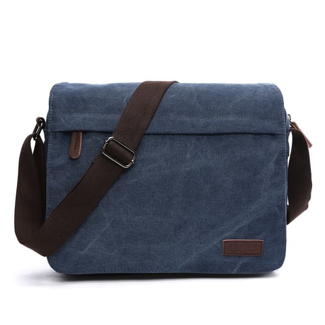 Medium vintage skuldertaske i lærred og læder Mørkeblå