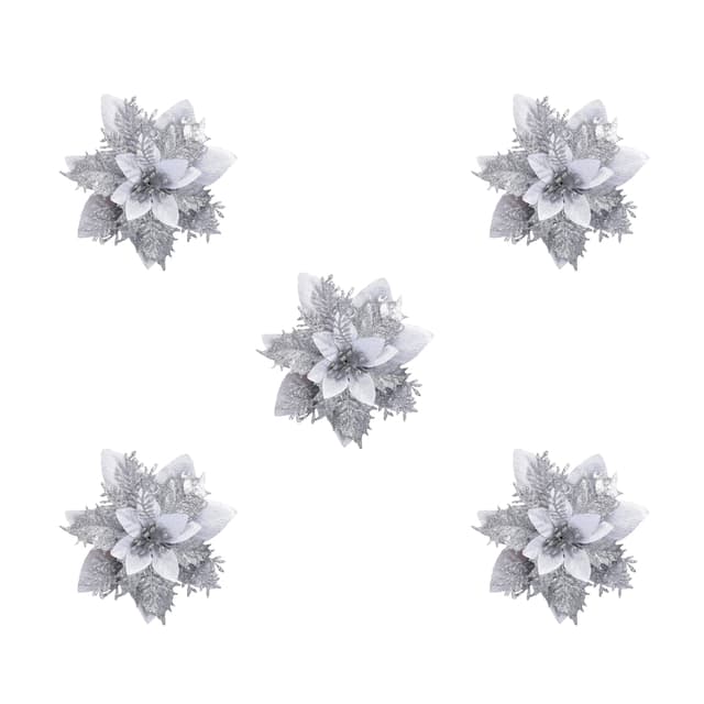 Kunstige juleblomster sølv 5-pack julepynt