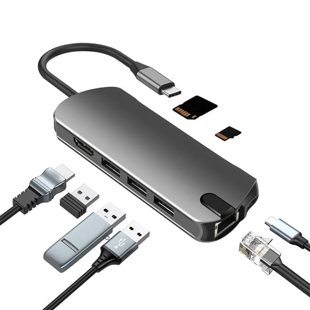 8-i-1 USB-C Hub med USB 3.0, HDMI, RJ45, SD/TF-kortspor, 100W PD-lading
