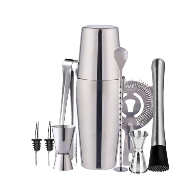 Sett for bartending med dobbel shaker 750ml i rustfritt stål, 10 redskaper