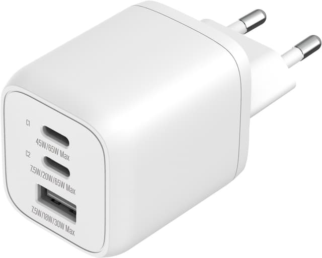 Sandstrøm 65W 3-port GaN PD vegglader (hvit)