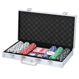 Pokersett med sjetonger, spillekort og terninger