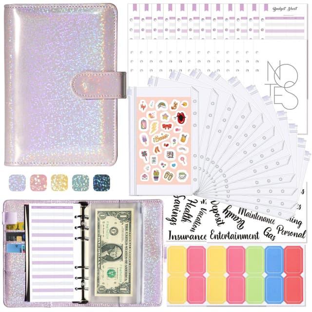A6 Stjernehimmel Binder Notebook med Budgetark og Lynlåslomme Lilla