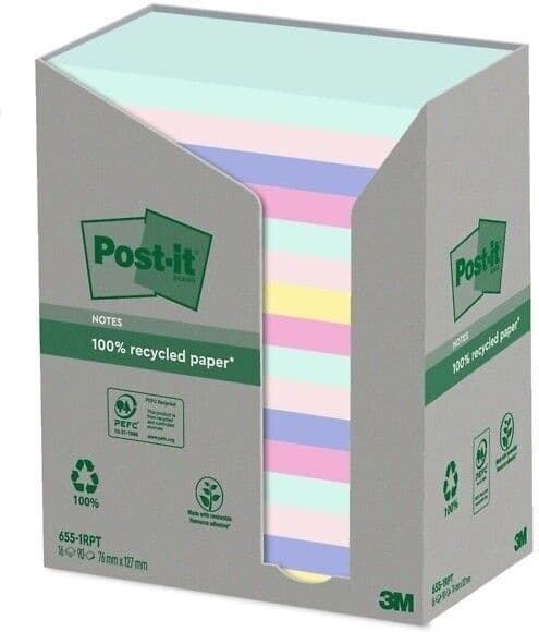 3M Post-it Nature Eko Z-anteckningar, 76x127mm, 16 x 100 bitar, assorterade färger