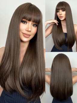 Kvinnor peruk Långa naturliga vågiga peruker med lugg Brun