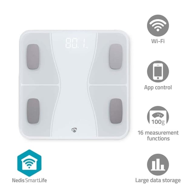 Nedis SmartLife Personvægt | Bluetooth® | Ben / BMI / BMR / Fedt / Muskler / Vand / Vægt | 12 | Maksimal belastning: 180 kg | Android™ / IOS | ABS / Glas | Hvid