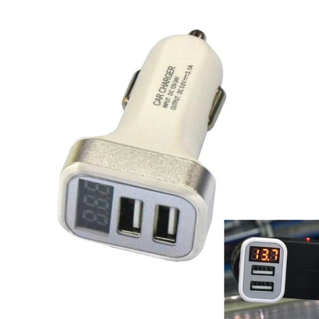 USB-billader med 2 USB-porter og display, sølv
