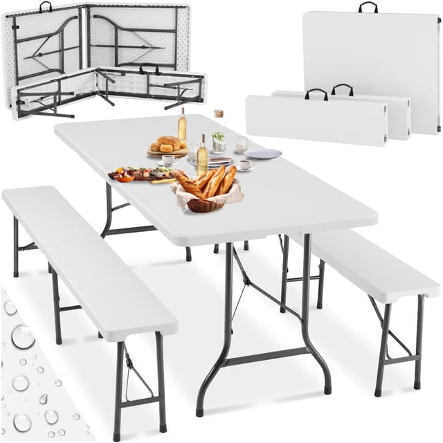 tectake Campingbord och bänkset, hopfällbart med bärhandtag - vit