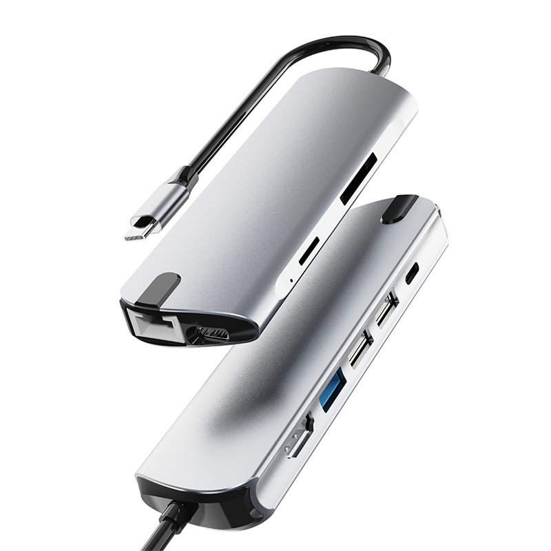 9-i-1 USB C Hub med USB 3.0/2.0, HDMI, RJ45, SD/TF-kortleser, 100W PD RJ45