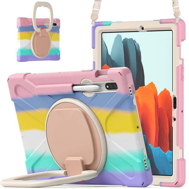 SKALO Samsung Tab S9/S9 FE Extra Stöttåligt Armor Ring Skal med Axelrem - Rainbow