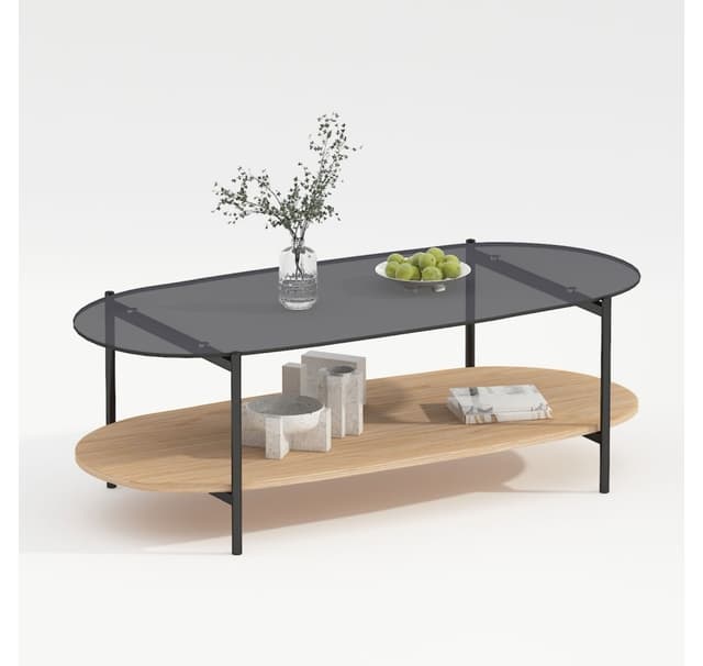 Soffbord CINDY 120x55xH40cm, grått glas/melamin ek