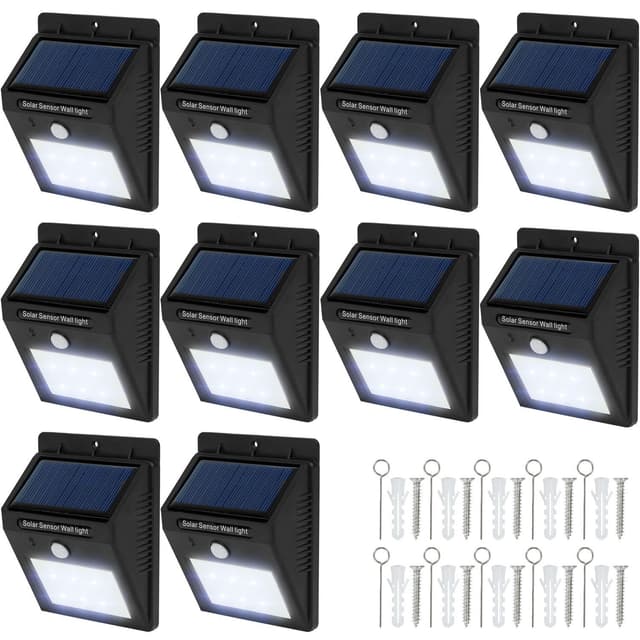 10x LED lampe med bevægelsessensor og solceller - sort