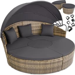 Rund daybed polyrattan med skygge - natur