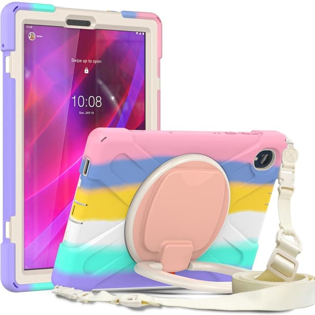 SKALO Lenovo Tab M10 FHD Plus 10.3"" Extra Stöttåligt Armor Ring Skal med Axelrem - Regnbåge