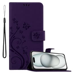 iPhone 15 PLUS lommebokdeksel Blomster deksel (Lilla)