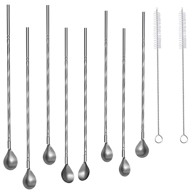 8x Stålskedar 19cm 2 smala borstar för rengörin(Silver)