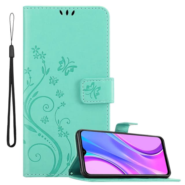 Xiaomi RedMi 9 lommebokdeksel Blomster (Turkis)