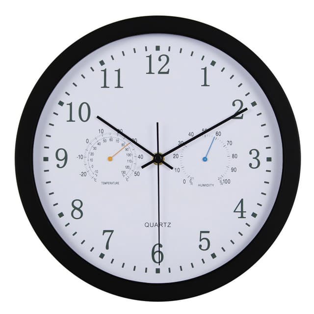 Tyst väggklocka med termometer och hygrometer, 30 cm diameter Svart