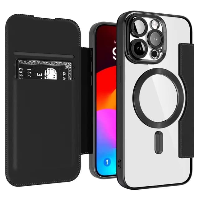 Trådlöst magnetiskt läderfodral för mobiltelefon. Svart iPhone 15 Pro