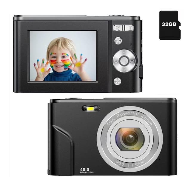 Digitalkamera med 48 MP, HD 1080p, 16x zoom, minnekort Sort