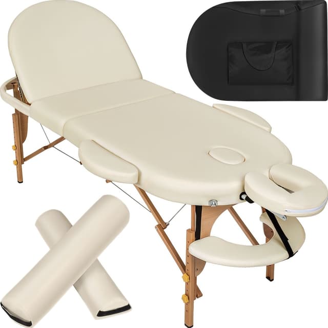 tectake 3-zons oval massagebänk med 5 cm stoppning, kuddar och träram - beige